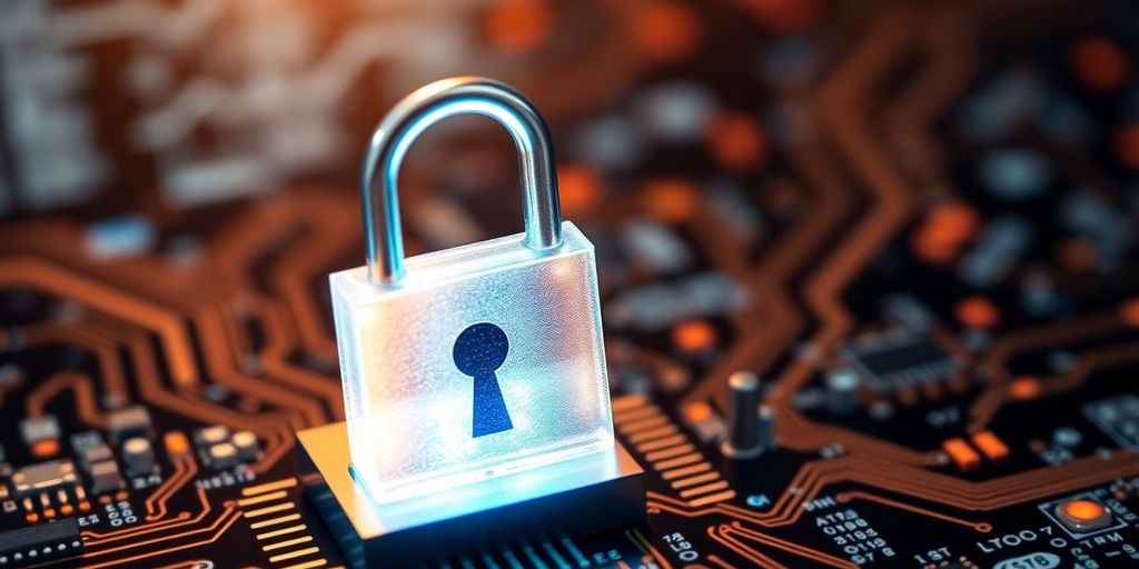 Digital lock on circuit board representing cybersecurity standards.