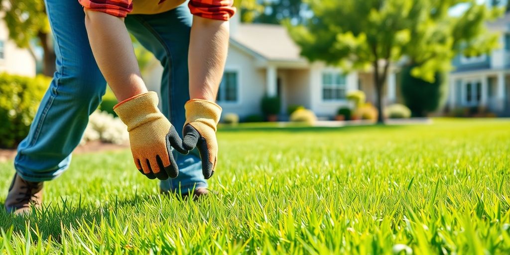Man landscaping a vibrant green residential lawn.