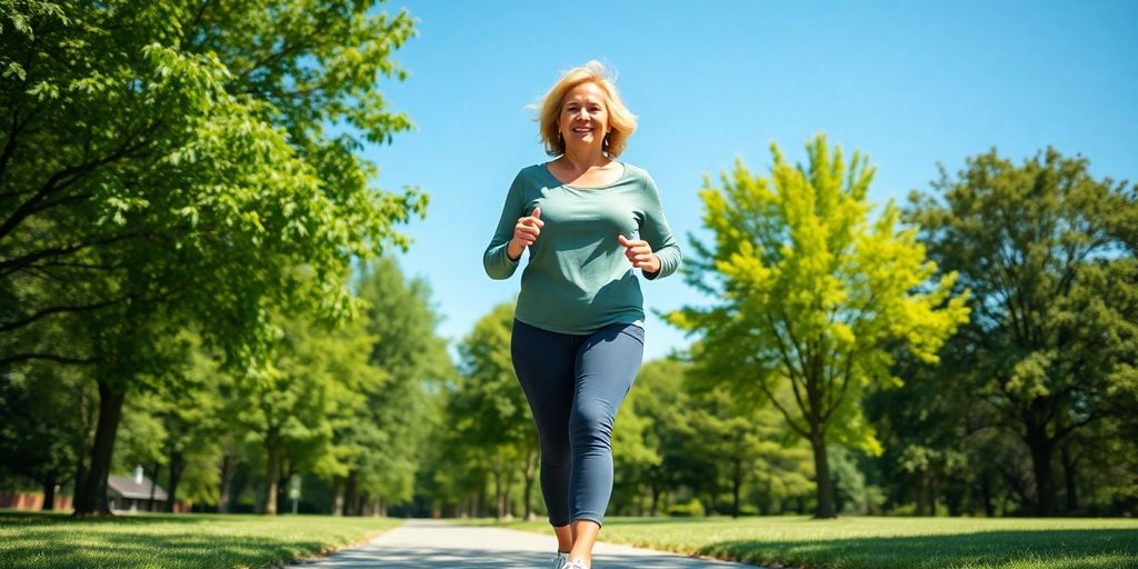 Woman over 50 exercising outdoors, looking vibrant.