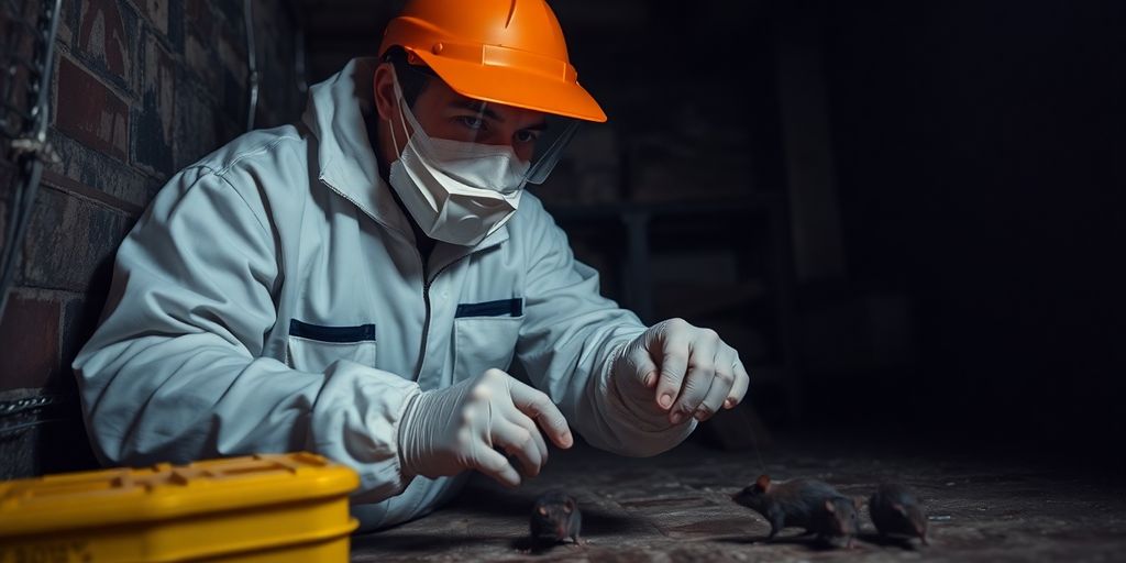 Exterminator deratizând un subsol pentru eliminarea șobolanilor.