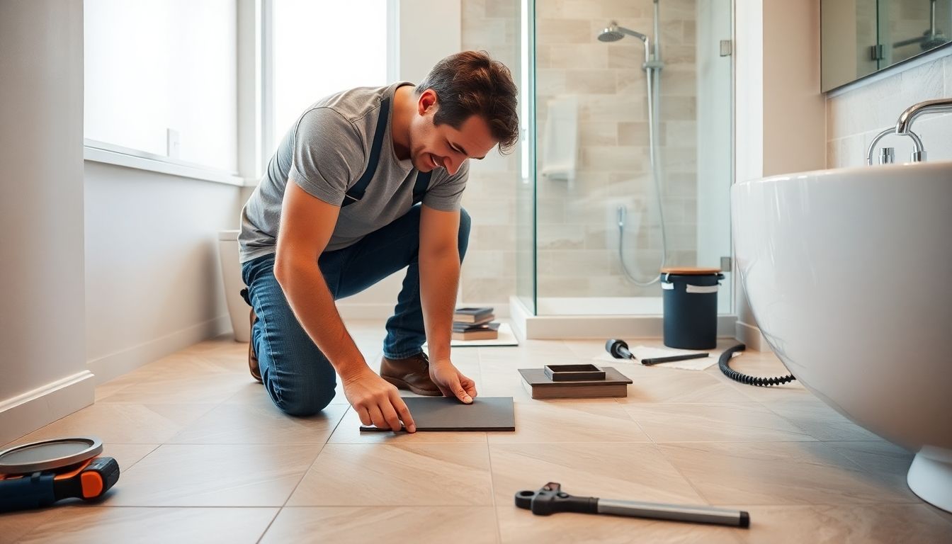 Tiler working on bathroom tiles in London.