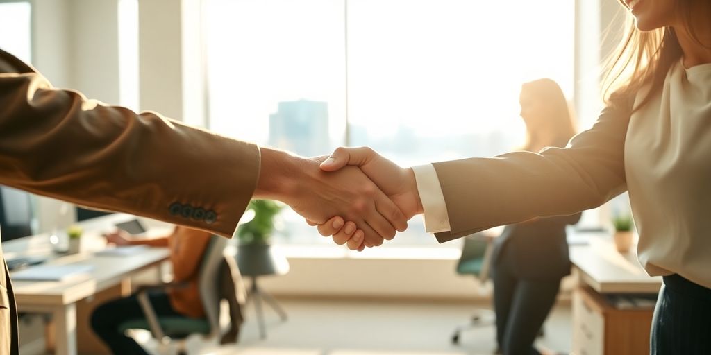A professional handshake in a modern office in Danville, Virginia.
