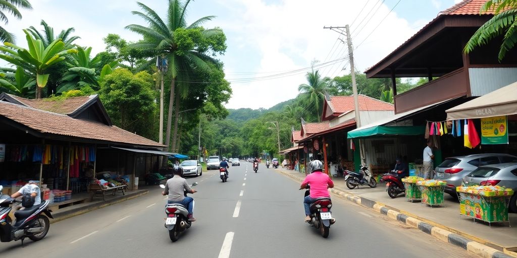 Bali road with motorbikes and tropical greenery.