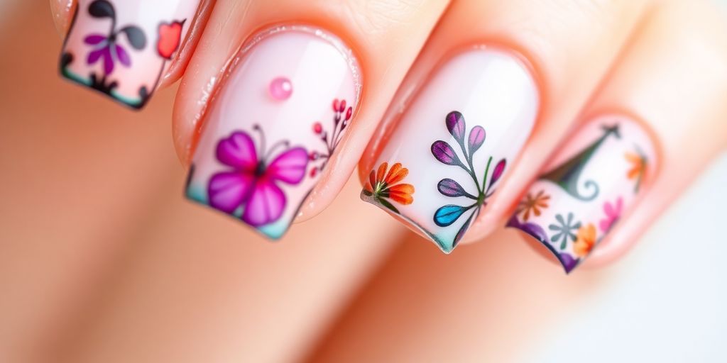 Unhas de gel com decoração francesa e detalhes coloridos.