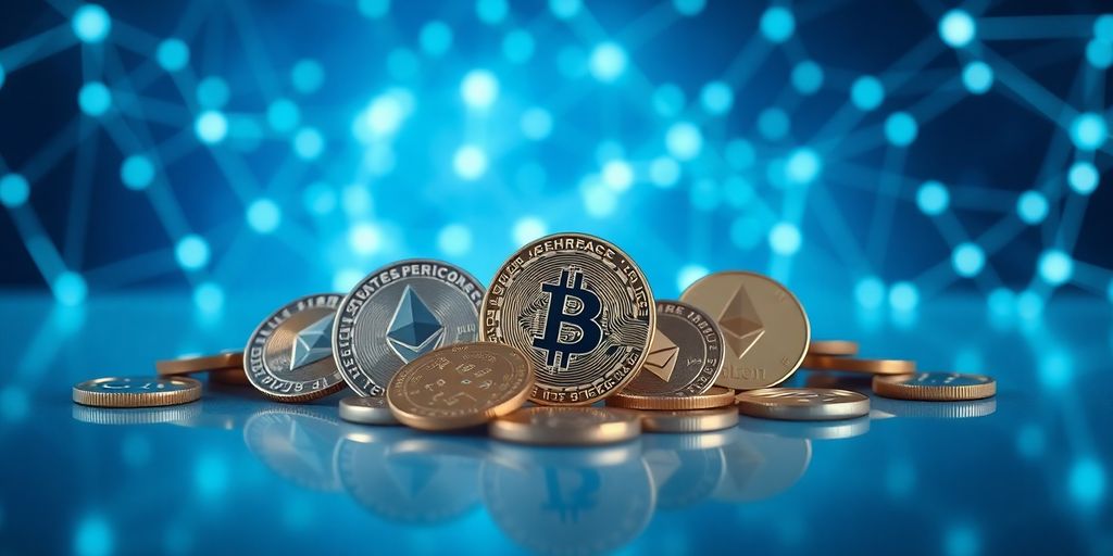 Digital coins and abstract blockchain connections.