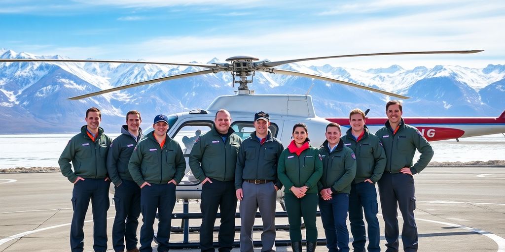 A professional team stands before a helicopter in Alaskan wilderness.