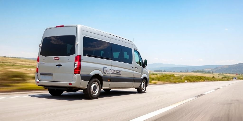 Airport shuttle van driving on a sunny road.