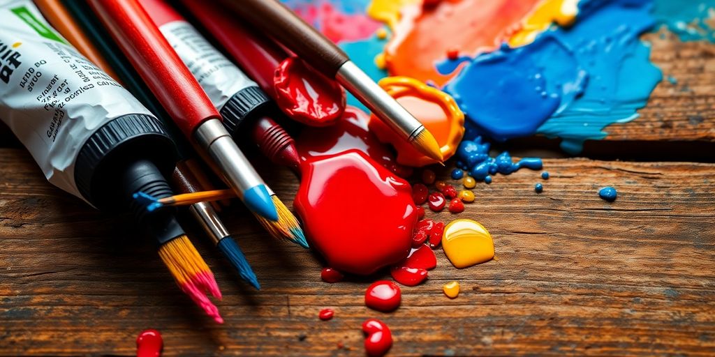Colorful paint tubes and brushes on a wooden surface.