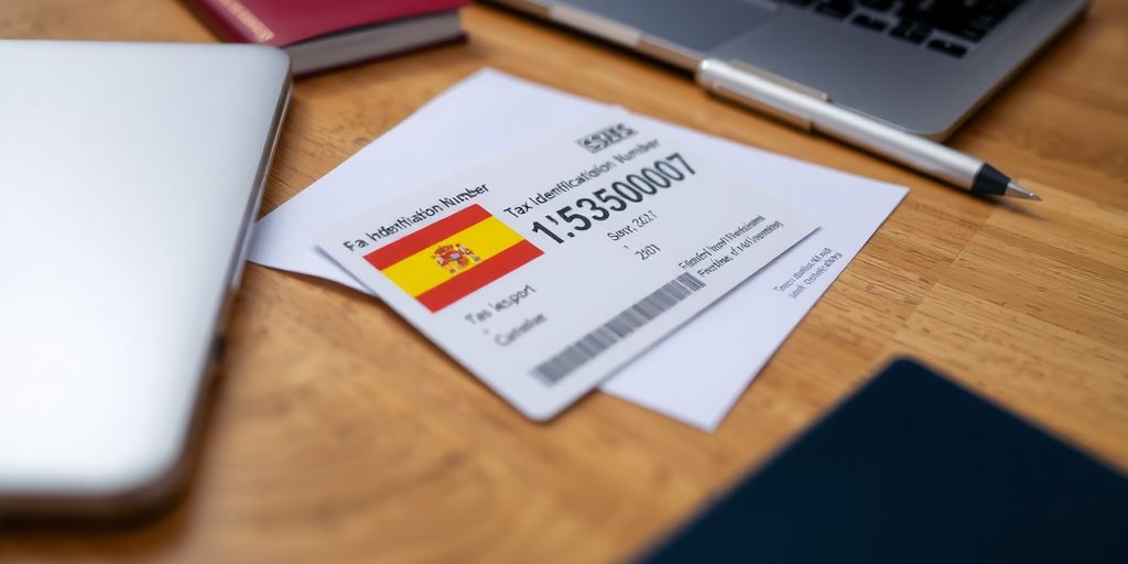 Spanish Tax Identification Number card with passport and pen.
