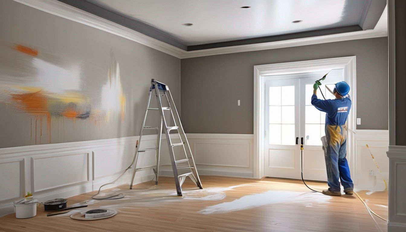 professional painter painting walls and ceiling in a modern home