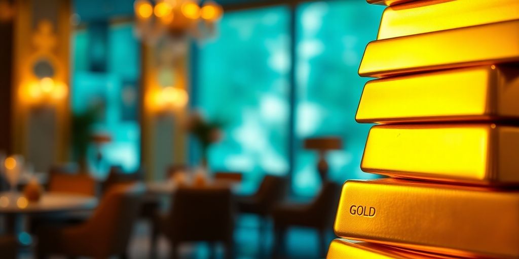 Des lingots d'or empilés dans un cadre luxueux.