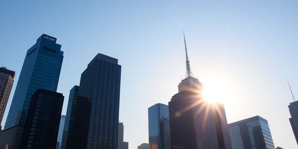 Skyscrapers, financial district, sunrise.