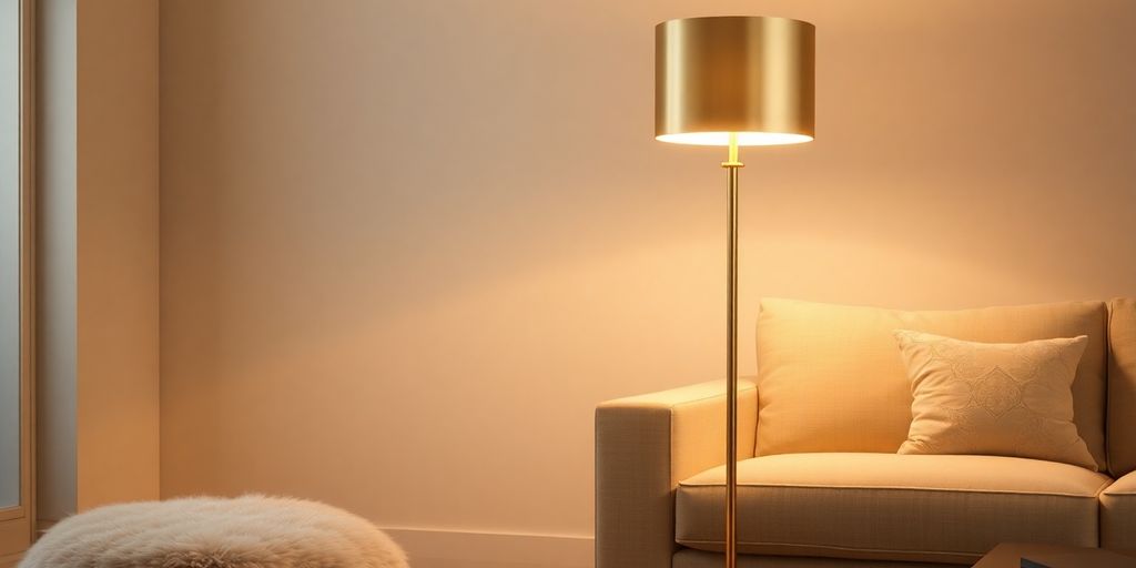 Elegant gold floor lamp in a modern living room.