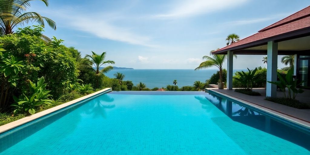 Phuket villa overlooking a tranquil ocean bay.