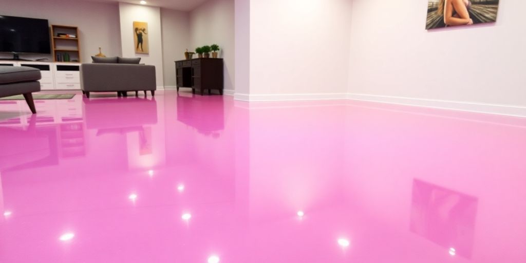 Glossy epoxy floor in a modern basement interior.