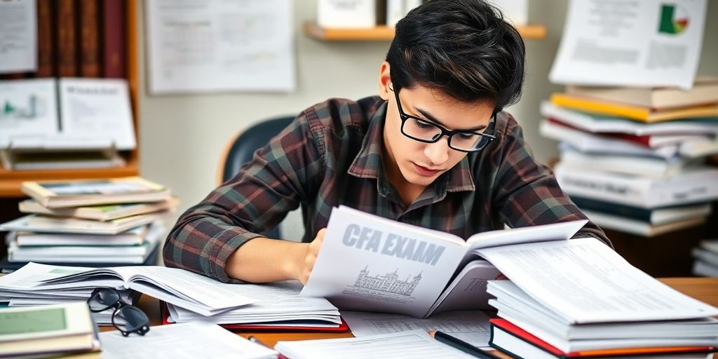 Student studying for CFA exams with books and notes.