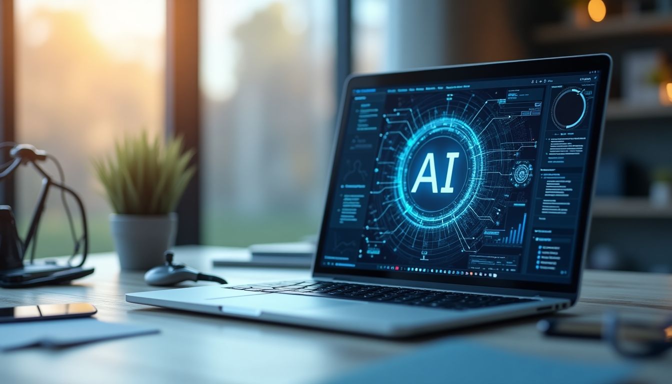 Modern workspace with AI software and digital elements.