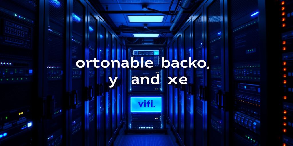 Secure server room with blue lights and data cables.
