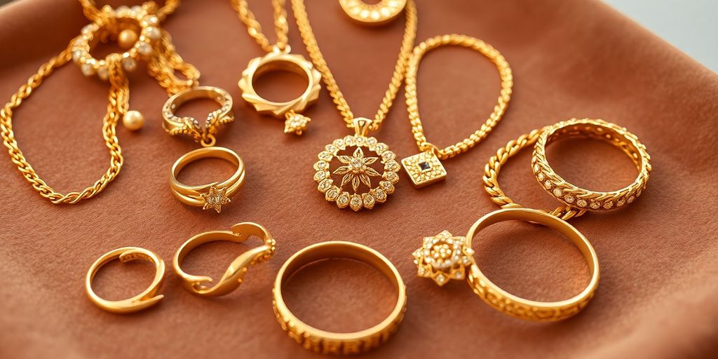 Collection de bijoux en or sur fond en velours.