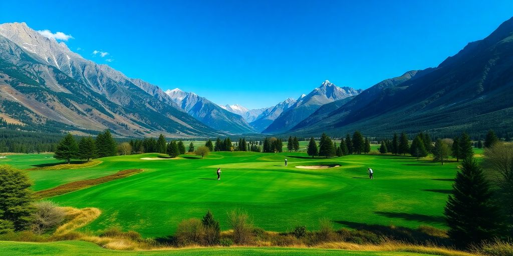 Lush golf course with mountains and clear skies.