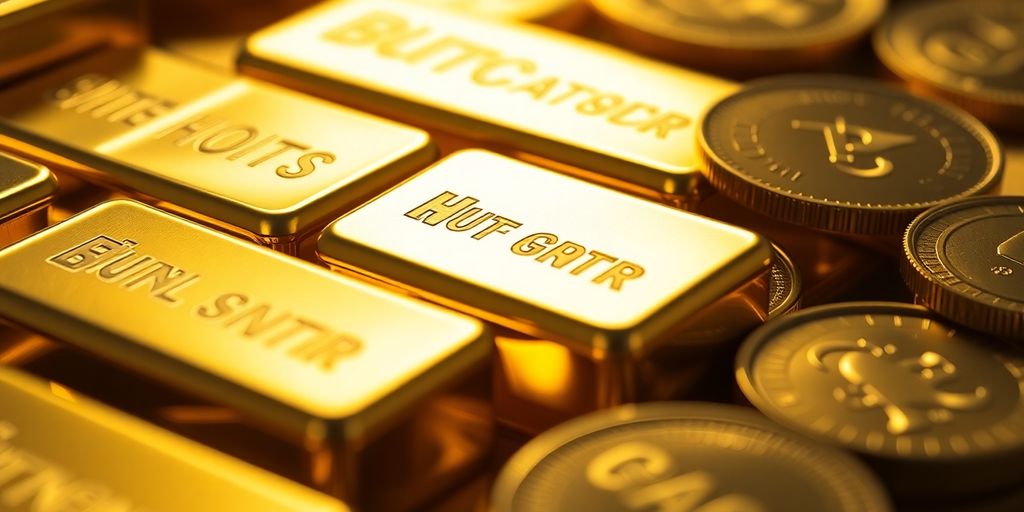 Lingots et pièces d'or brillants sur fond sombre.
