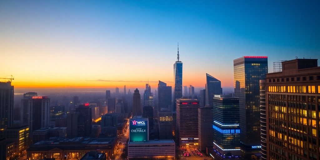 City skyline at twilight, stock market overlay.