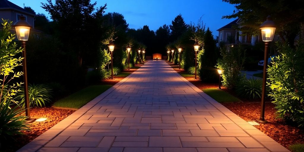 Illuminated paver walkway amidst greenery at dusk.