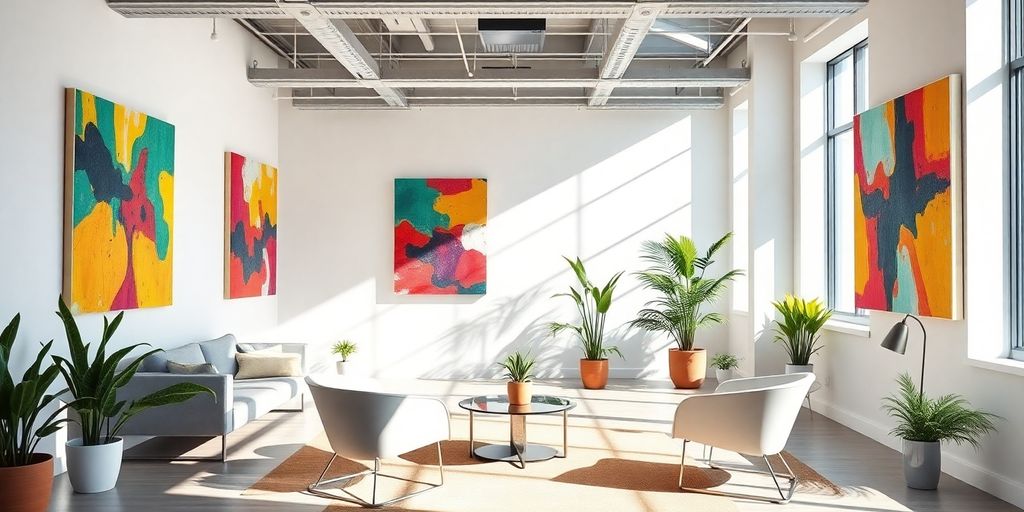Modern office with vibrant abstract paintings.