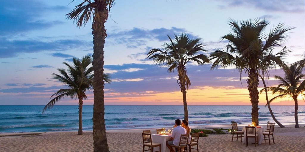Couple dining on the beach at sunset.