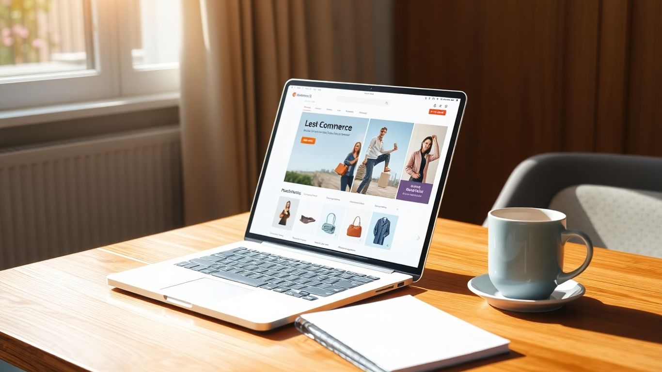 Laptop with e-commerce site and product images on desk