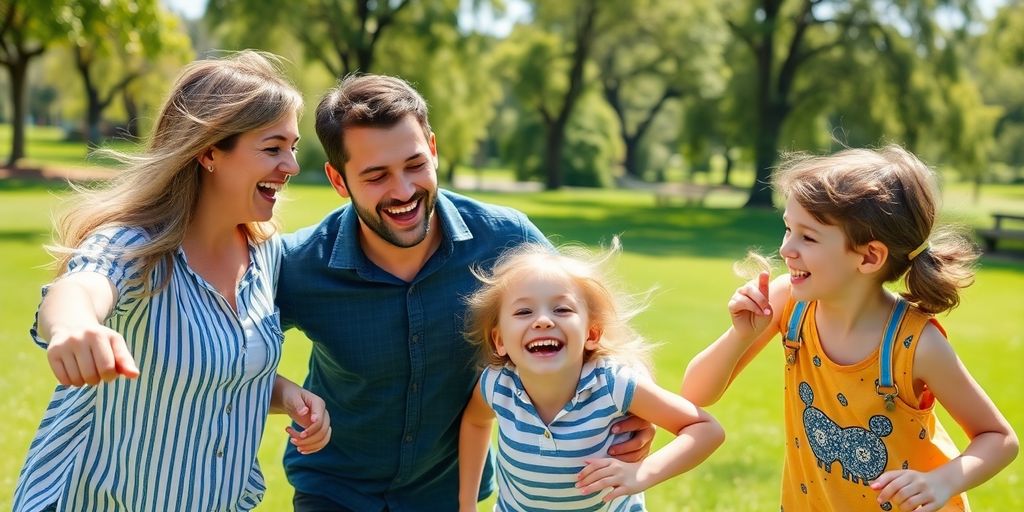 Happy Aussie family, playing outdoors.