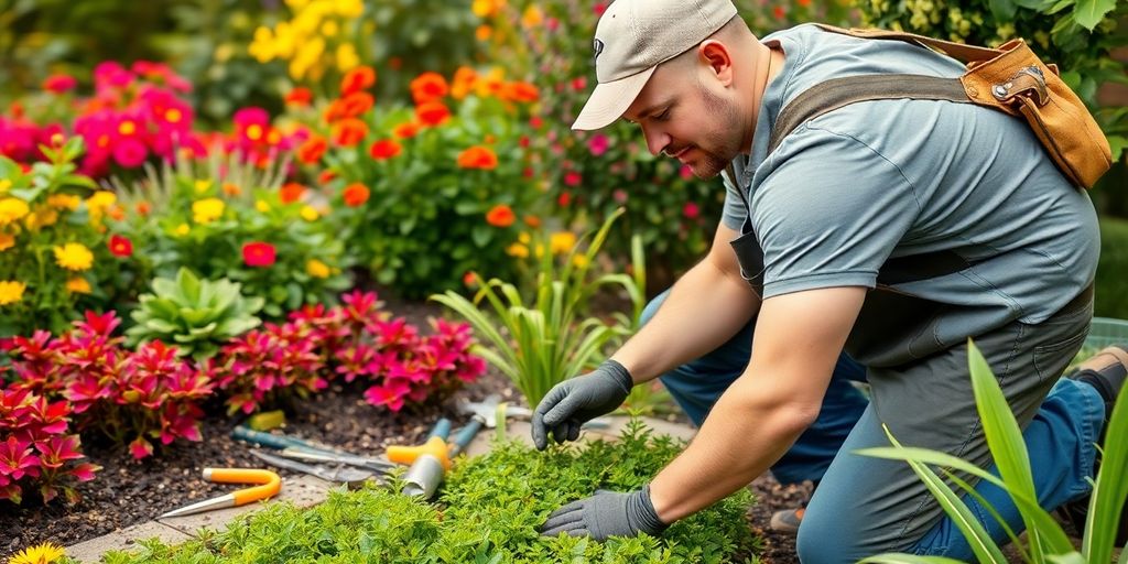 Landscaper tending to a garden with tools and plants.