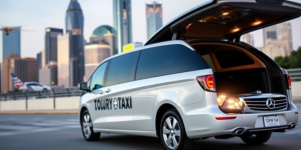 Luxury taxi in a modern city setting.