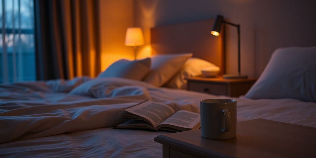 Cozy bedroom with warm lighting.