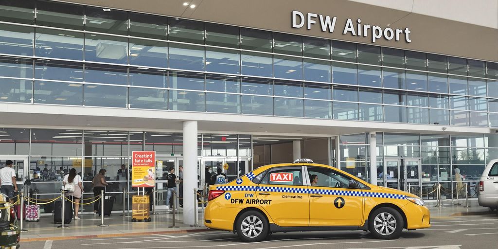 Taxi at DFW Airport with terminal in the background.
