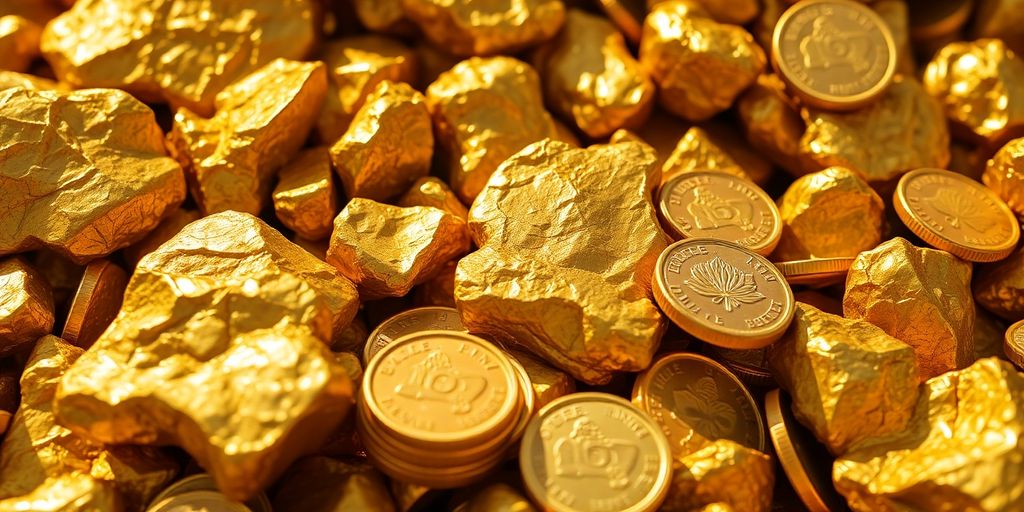 Pépites d'or brutes et pièces d'or australiennes scintillantes.