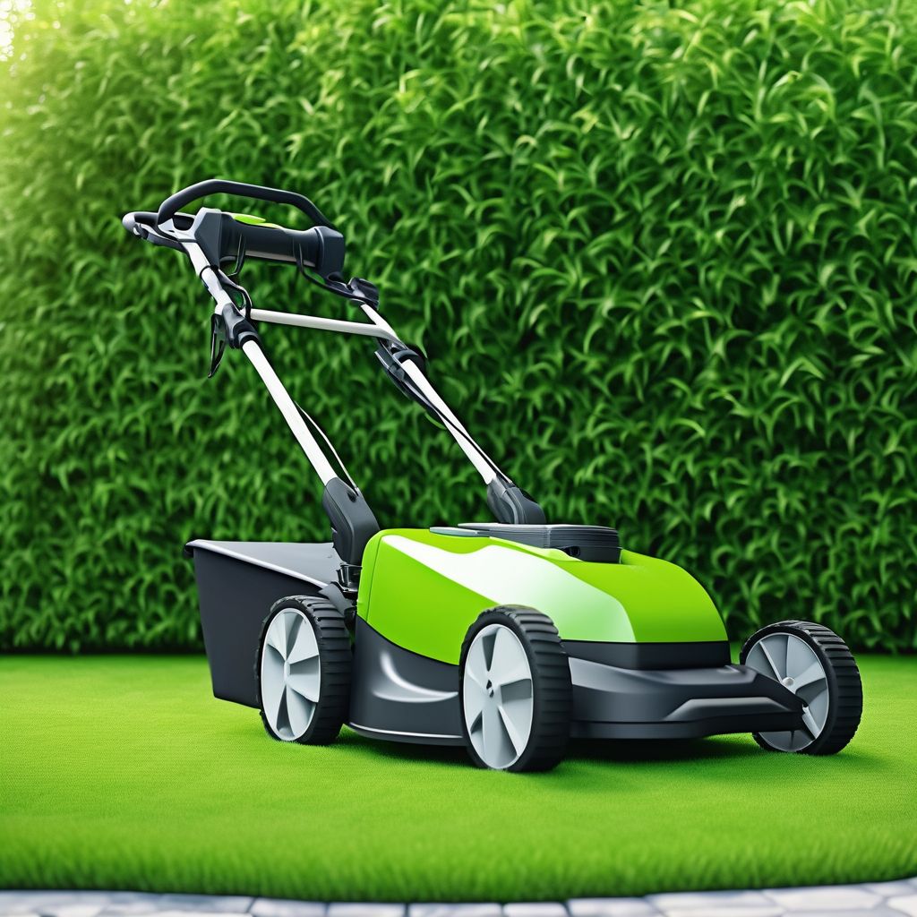 professional lawn care service with various grass trimming equipment in a beautiful garden
