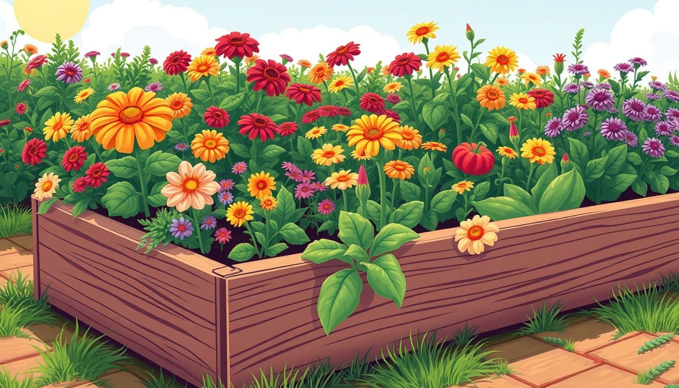 Raised bed garden with flowers and vegetables