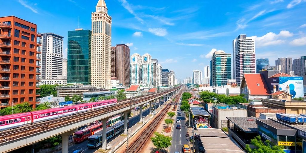 Bangkok cityscape with BTS train and high-rise buildings.