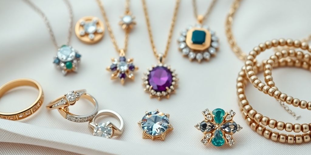 Bijoux variés sur un fond doux et élégant.