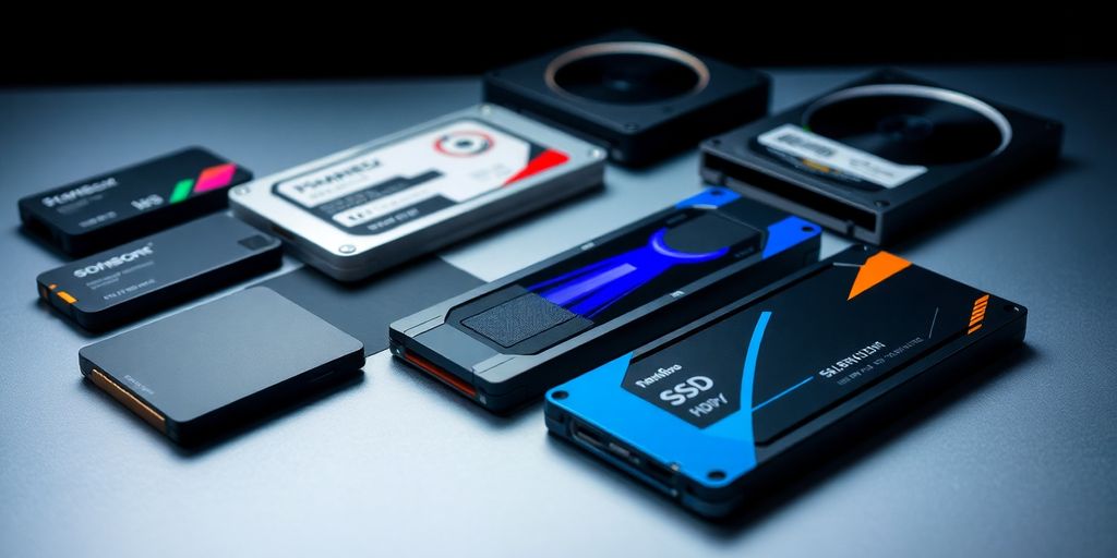Moderne SSDs und HDDs auf einem eleganten Hintergrund.