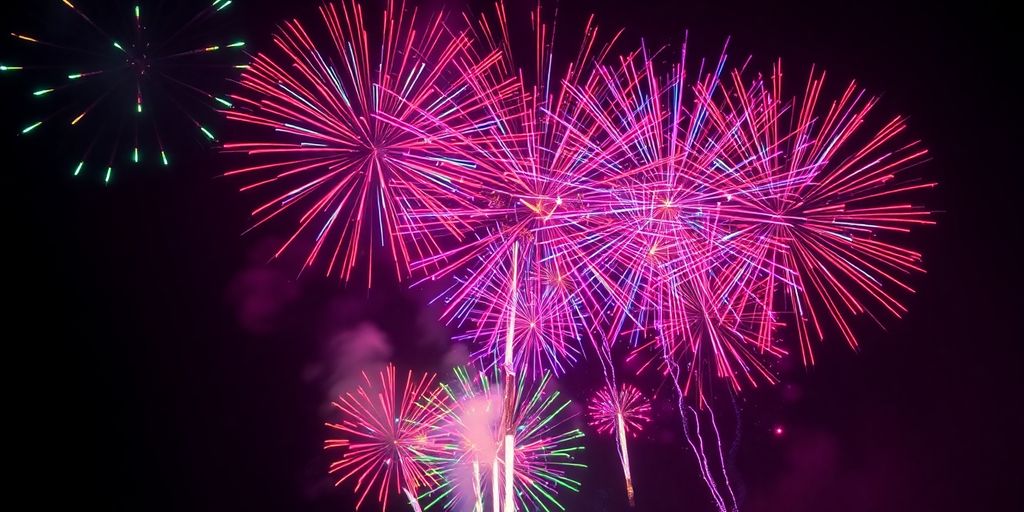 Colorful fireworks lighting up a night sky at a concert.