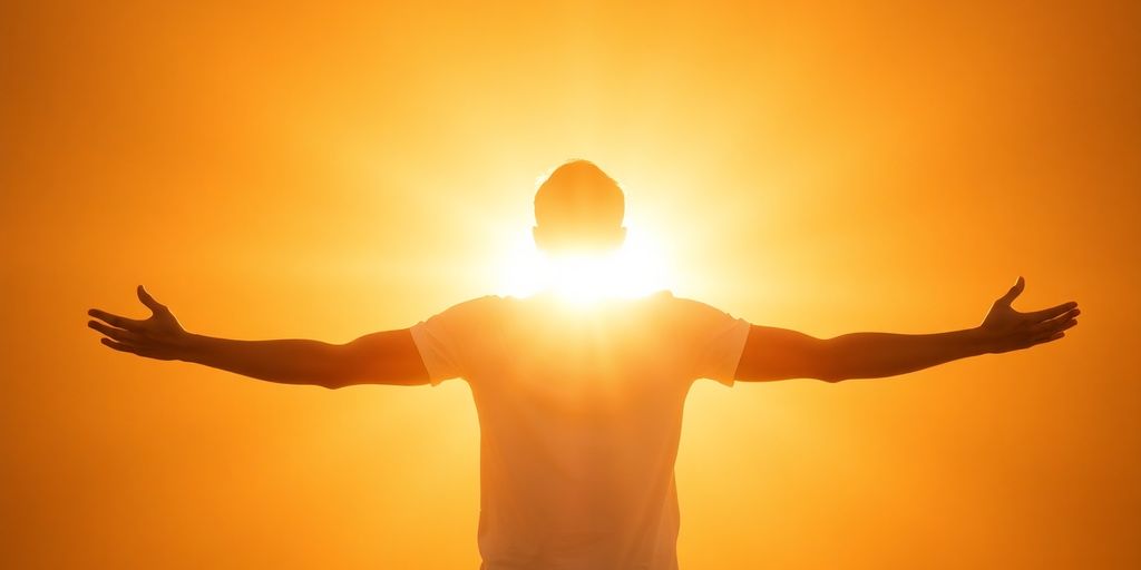 Person reaching for sunlight, radiating positive energy.