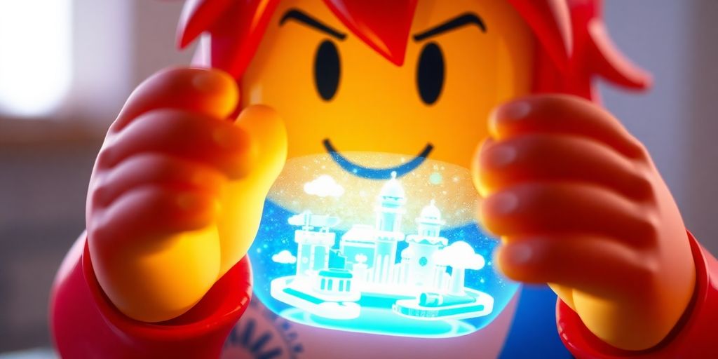 Colorful Roblox character creating a game world.