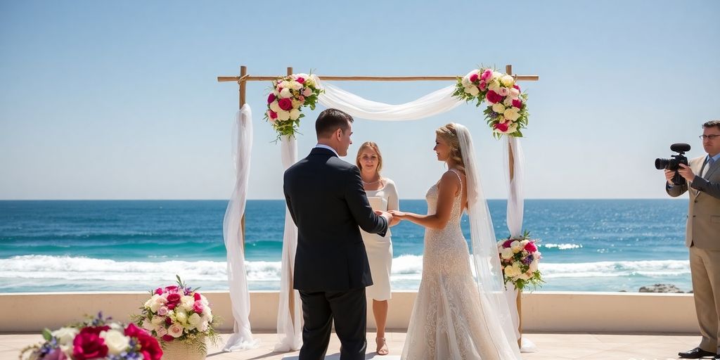 Couple getting married at a beautiful Cabo beach venue.