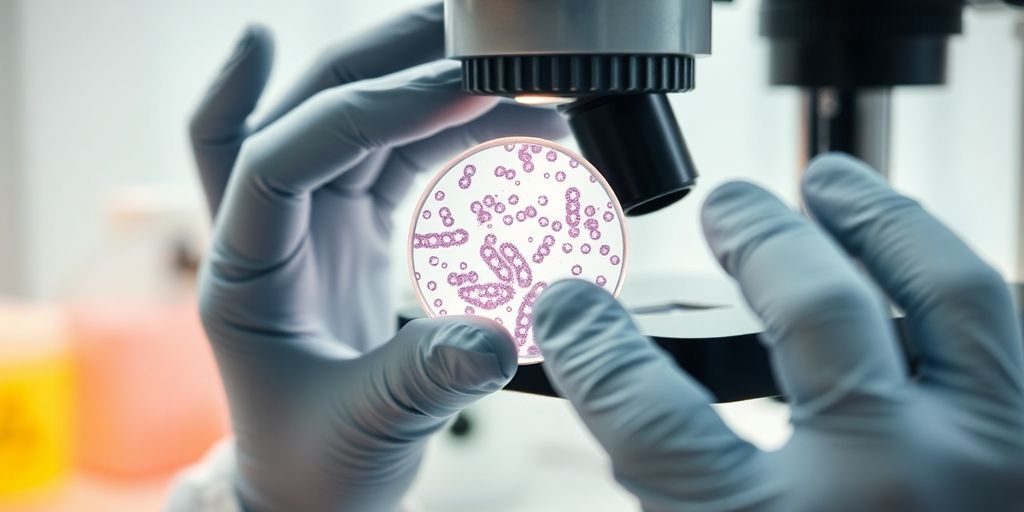 Microscope slide with cells, doctor's hands.