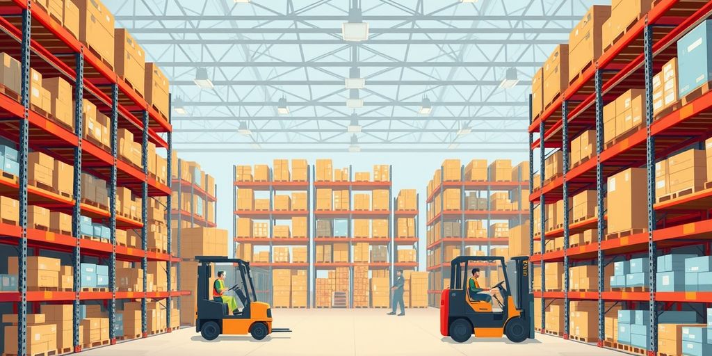Spacious warehouse with organized shelves and forklifts.