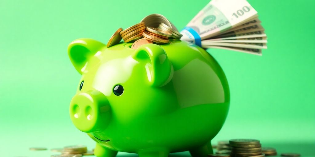 Green piggy bank overflowing with coins and banknotes.