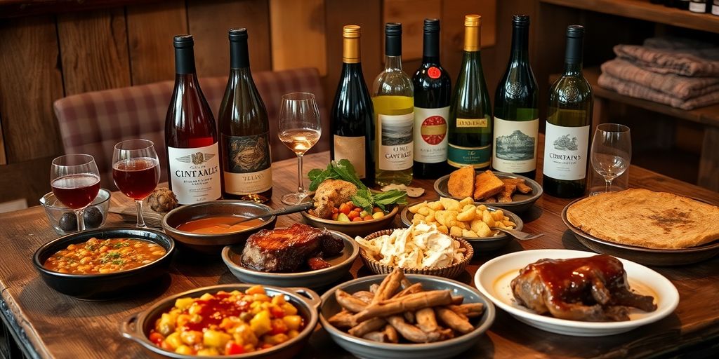 Plats pyrénéens et boissons locales sur une table rustique.
