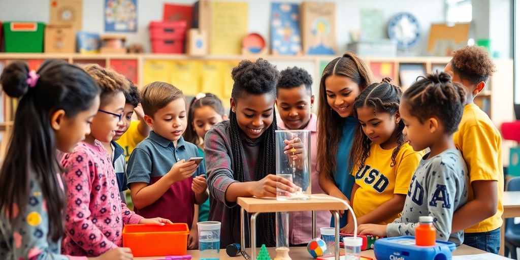 Students engaged in hands-on STEM activities in a classroom.
